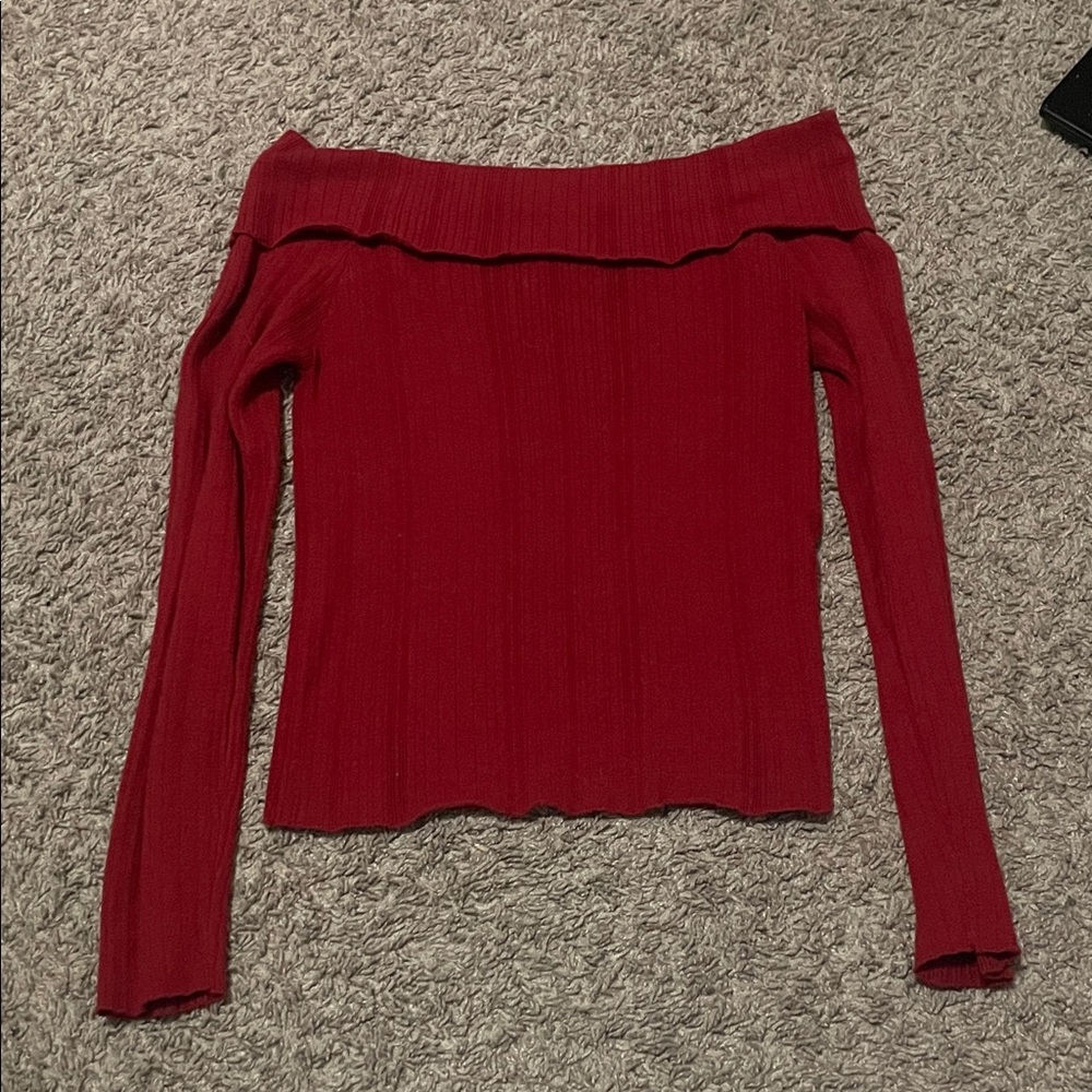 SHEIN Red Off-the-Shoulder Ribbed Knit Sweater